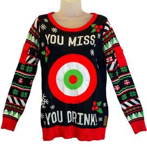 Tipsy Elves YOU MISS YOU DRINK Bullseye Game Ugly Christmas Sweater Size S